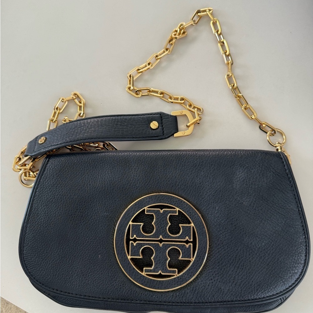 Tory Burch Crossbody Reva Black Pebbled Leather Clutch